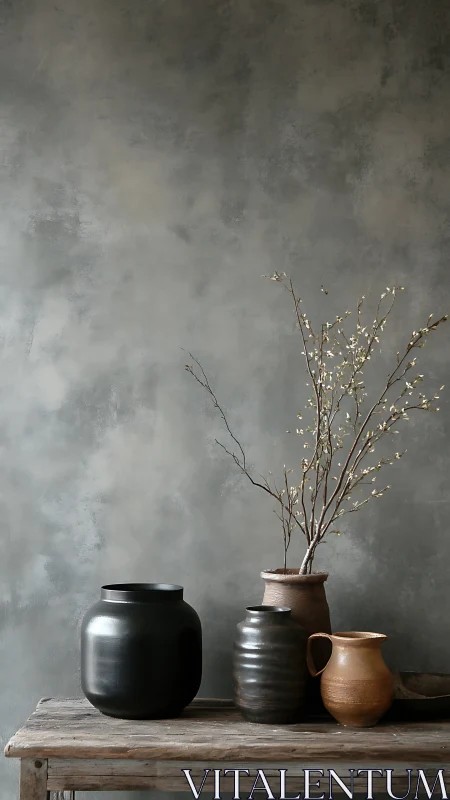 Ceramic vases and branches on rustic wooden table indoors.