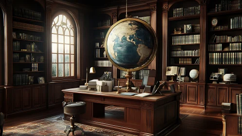 Old-world study with grand globe and glowing bookcases.