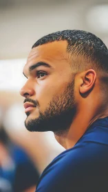 Profile view shows young man seated indoors in soft focus