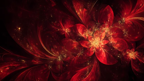 Red fractal flower structures expand across dark space
