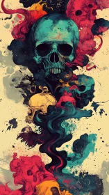 Vibrant skull totems swirl through abstract ink smoke
