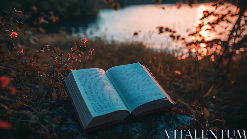 Open book rests on mossy stone beside lake at sunset