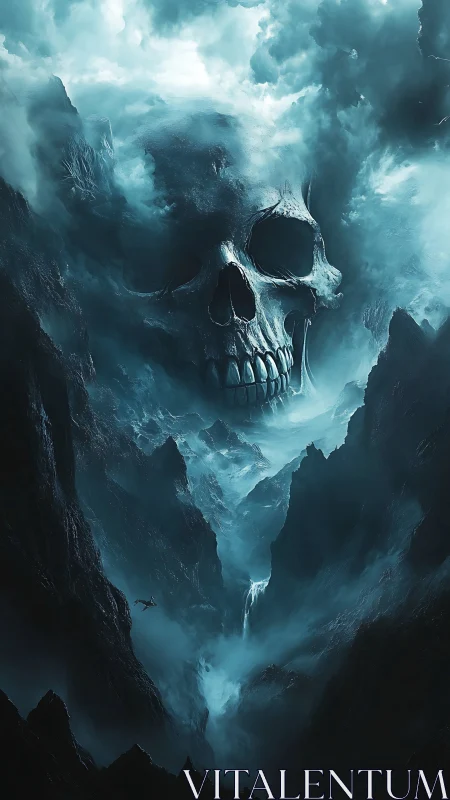Colossal skull-shaped storm looming over misted chasms.