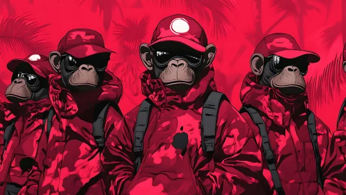 Paramilitary chimp squad in red tactical streetwear formation.