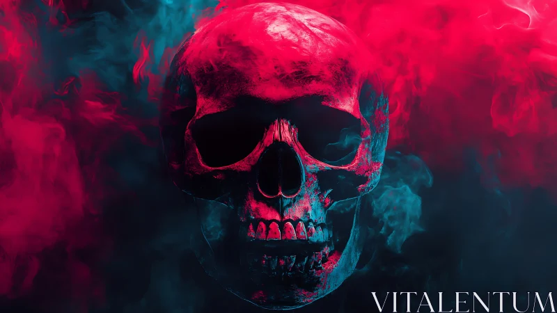 Luminous skull drifting through neon magenta and cyan vapor.