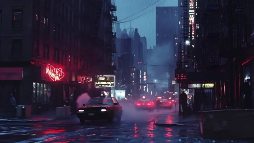 Rainy urban street with taxis, neon signage, and wet pavement.