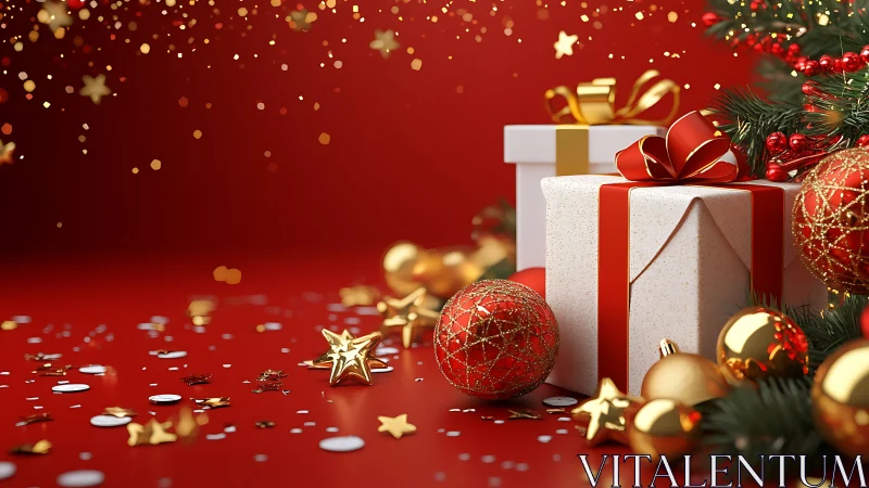 Christmas gifts with golden ornaments rest on red surface