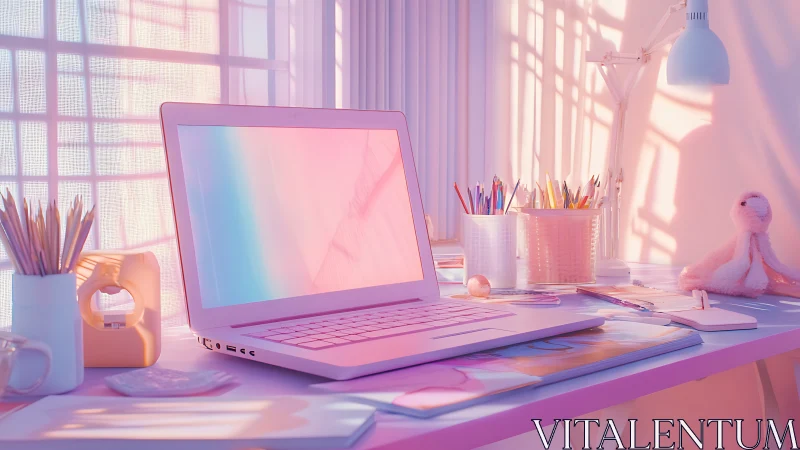 Pastel laptop daydreams under honeyed afternoon window light