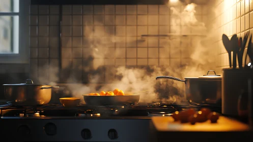 Steam rises over sunlit stovetop with simmering pots