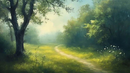 Serene Forest Path Bathed in Golden Sunlight and Mist
