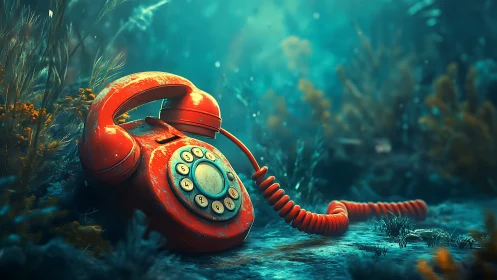 Bright red rotary phone rests quietly on a dreamy seafloor