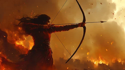 Fiery archer stands strong against a storm of burning skies.