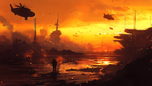 Sunset sortie above burning harbor decks of warships.