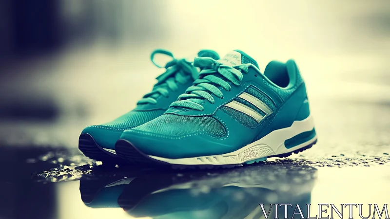 Teal running sneakers on wet pavement with reflective surface.