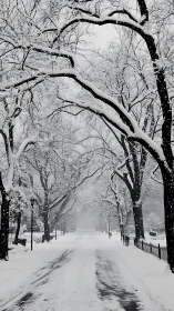 Snow-laden urban avenue framed by arched deciduous tree canopy