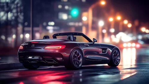 Luxury roadster under neon city lights at night street scene.