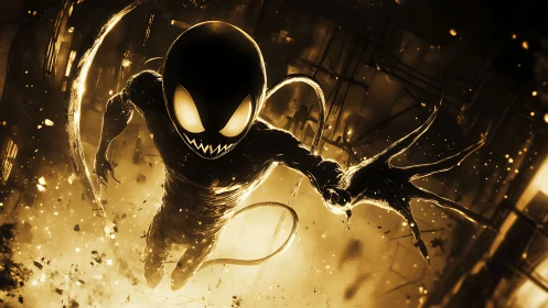 Midnight symbiote streaking through molten city lightstorm.