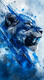 Blue digital lion portrait with dynamic paint streaks.