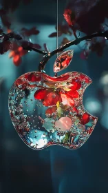 Glass apple-shaped pendant contains suspended floral elements