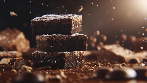Three stacked chocolate brownies dusted with powder.