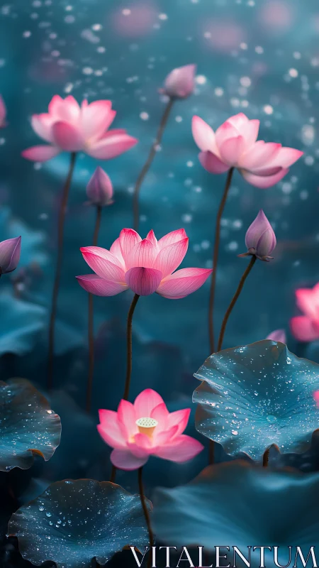 Pink lotus flowers and leaves on teal water surface at dusk.