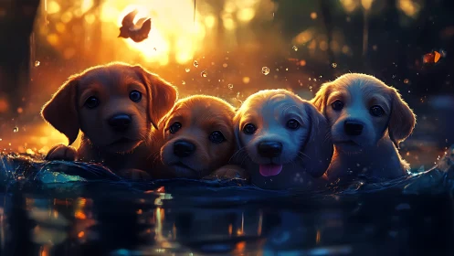 Golden hour puppy quartet in shallow water with bokeh glow.
