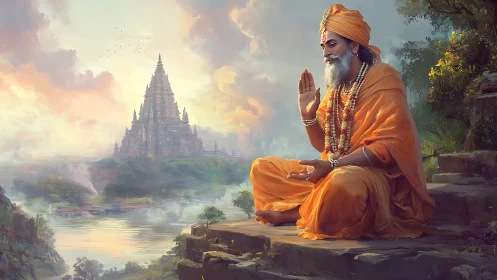 Serene orange-robed sage meditating before misty riverside temple.
