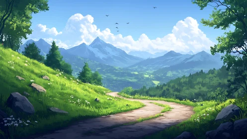 Curved dirt path traverses sunlit alpine meadow toward distant peaks