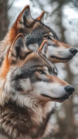 Photorealistic dual wolf portrait in shallow depth of field.