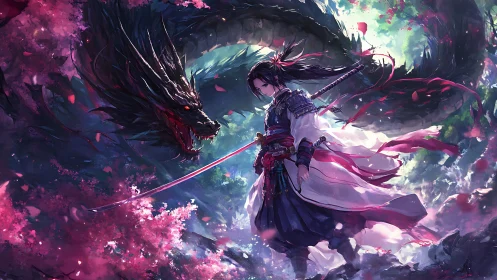 Blossom-lit samurai with serpentine dragon in dynamic standoff.