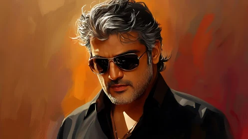 Cinematic digital portrait of man in sunglasses on warm backdrop