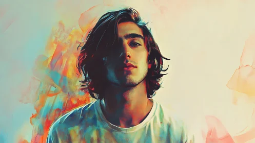 Vibrant digital portrait of young man in diffused color field.