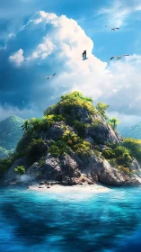 Tropical Island Paradise Beneath Soaring Birds.