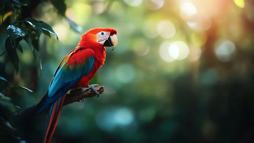 Vibrant Scarlet Macaw Perched on Branch in Sunlit Jungle Scene.