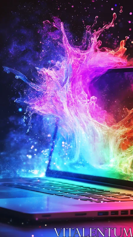 Luminous color splash erupting from open laptop screen.