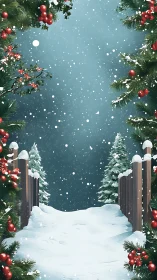 Digital painting of festive snowy path with evergreen framing.