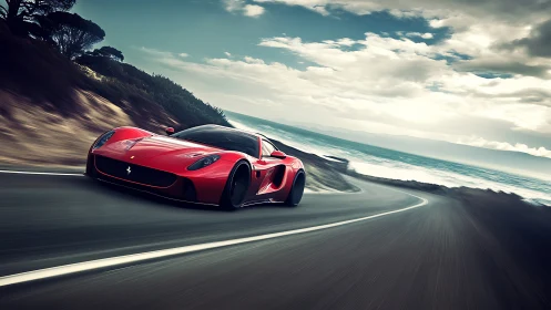 Red supercar speeding along dramatic coastal highway.