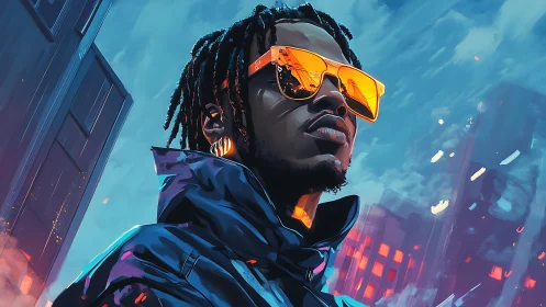 Digital portrait shows figure in reflective glasses in cityscape