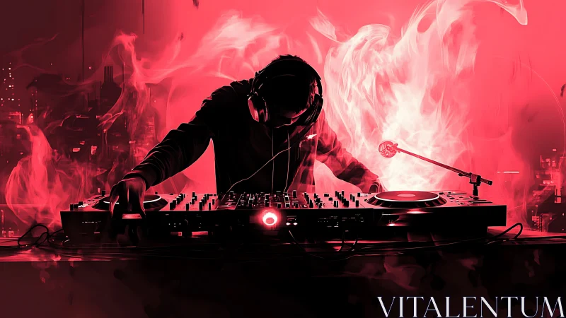 DJ silhouette mixing decks in red neon smoke storm.