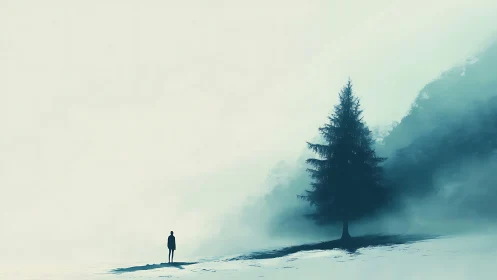 Solitary figure and conifer framed by high-key fog gradient field