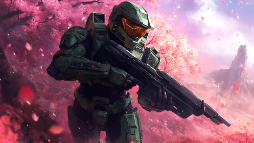 Armored space soldier advancing through pink blossom grove.