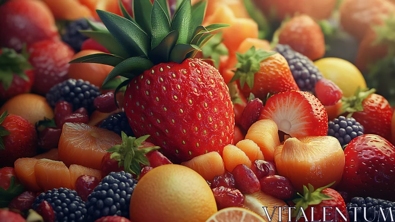 Crowned strawberry rising above a jeweled orchard of fruits.