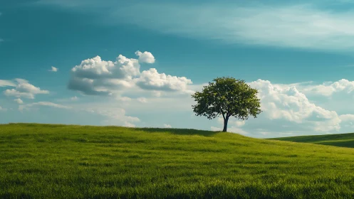 Lone Tree on Green Hill Under Blue Sky, Realistic Landscape.