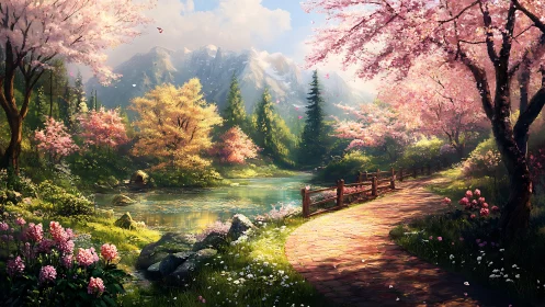 Spring mountain path beside quiet pond under blossoms.