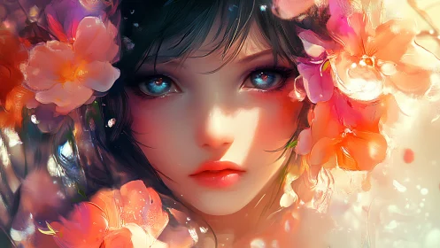 Ethereal floral portrait frames a girl’s luminous gaze.