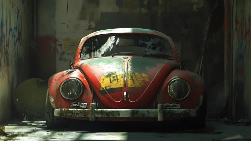 Cinematic 3D render of decaying vintage Beetle front view.
