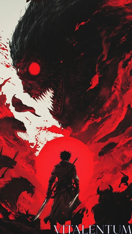 Lone swordsman faces colossal demon amid red inferno.