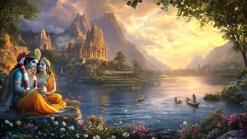 Divine riverside lovers before golden temple mountainscape.