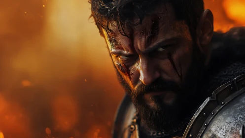 Battle-hardened warrior portrait with cinematic bokeh and rim lighting