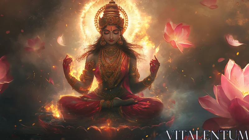Divine goddess in flaming lotus meditation amid radiant petals.
